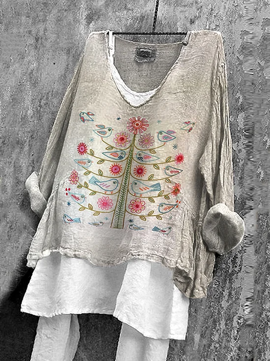 Chemises Femmes Décontracté Floral Printemps / Automne en Lin Micro-élasticité Quotidien Coupe Régulière Col Rond Régulier