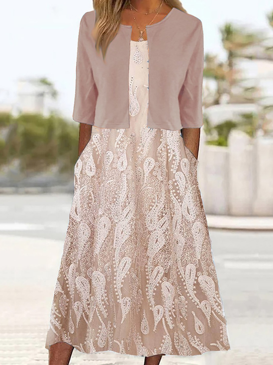 Femmes Floral Comme Image Col Rond Confortable Robe Mi-Longue Décontracté