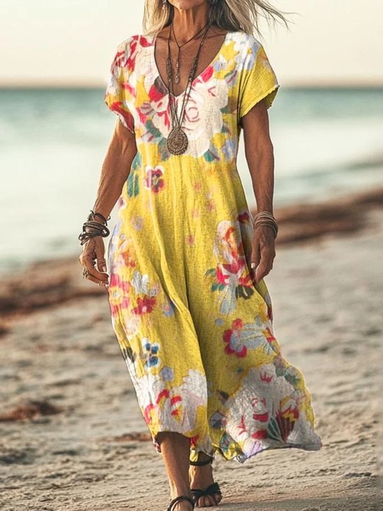 Femmes Floral Jaune Col V Confortable Robe Maxi Décontracté