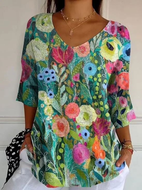 T-shirts Femmes Rétro Floral Printemps / Automne Polyester Micro-élasticité Coupe Régulière Col Rond Régulier Droit