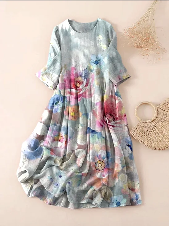 Femmes Floral Bleu Clair Col Rond Confortable Robe Maxi Décontracté