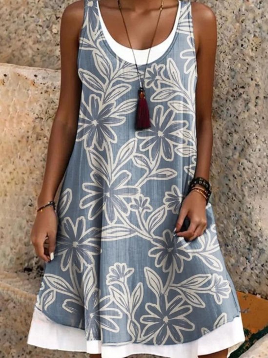 Femmes Floral Bleu Violacé Col Rond Confortable Robe Mi-Longue Décontracté