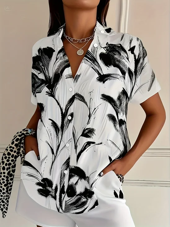 Chemises Femmes Décontracté Floral Été Imprimé Micro-élasticité Quotidien Ample Droit Col de Chemise