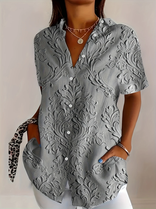 Chemises Décontracté Floral Été Polyester Micro-élasticité Ample Droit Régulier Col de Chemise pour Femmes
