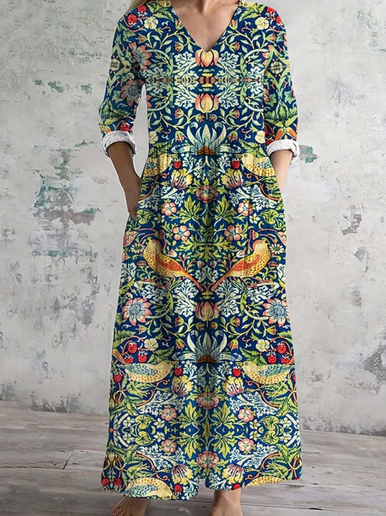 Femmes Floral Vert Col Rond Confortable Robe Maxi Décontracté