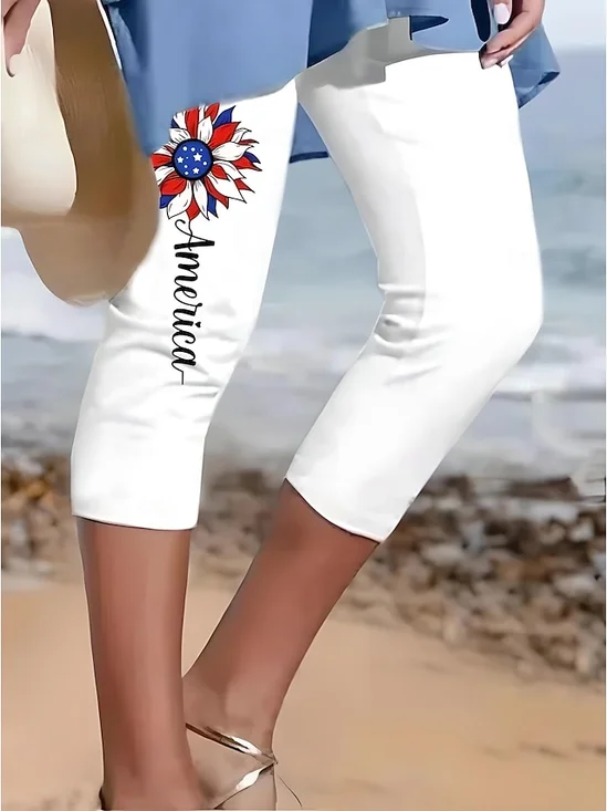 Pantalons De Yoga Drapeau des États-Unis Décontracté Été Polyester Coupe Régulière Corsaire Pantalon coupe slim Droit Régulier pour Femmes