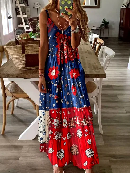 Femmes Floral Lac Bleu Col V Confortable Robe Maxi Décontracté