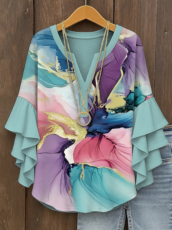 Blouses Fête Floral Été Col V Faire la navette Demi Manche Régulier Trapèze Régulier pour Femmes
