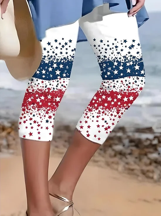 Pantalons De Yoga Femmes Rétro Été Motif d'Étoile Naturel Aucune élasticité Coupe Régulière Taille Élastique Corsaire Pantalon coupe slim