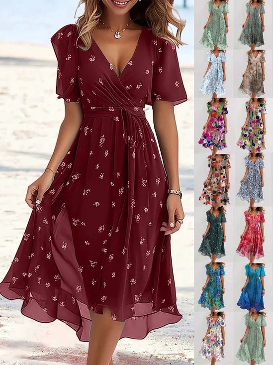 Femmes Floral Vert Col V Confortable Imprimé Robe Maxi Rétro