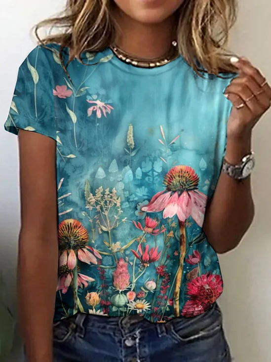 T-shirts Décontracté Plain Été Micro-élasticité Quotidien Manches Courtes Col Rond Régulier Trapèze pour Femmes