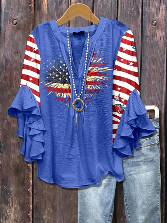 Blouses Boho Été Le jour de l'indépendance (Drapeau) Coton Col V Domestique Coupe Régulière Demi Manche Régulier pour Femmes