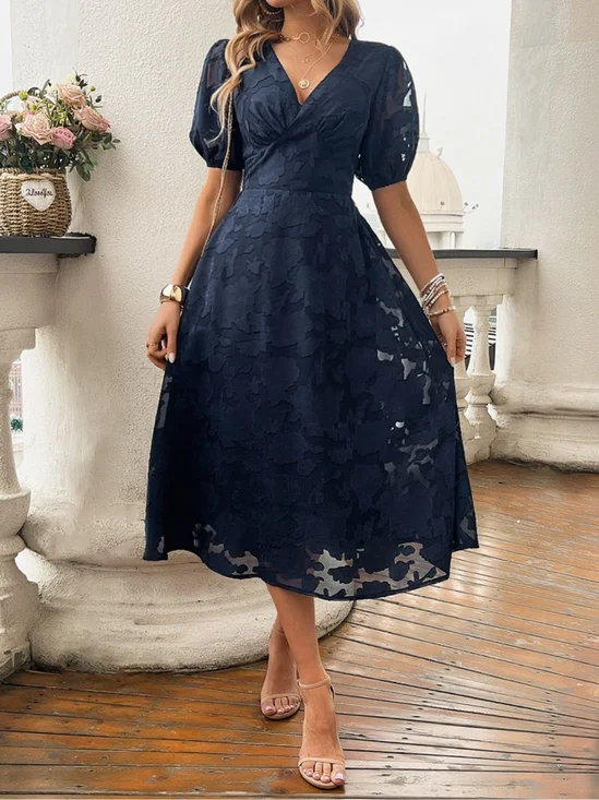 Femmes Floral Bleu Marine Col V Confortable Robe Maxi Sexy