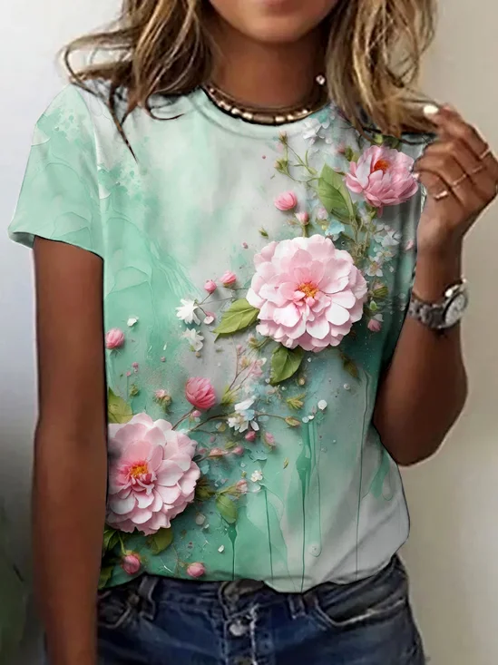 T-shirts Décontracté Plain Été Polyester Micro-élasticité Quotidien Manches Courtes Col Rond Trapèze pour Femmes