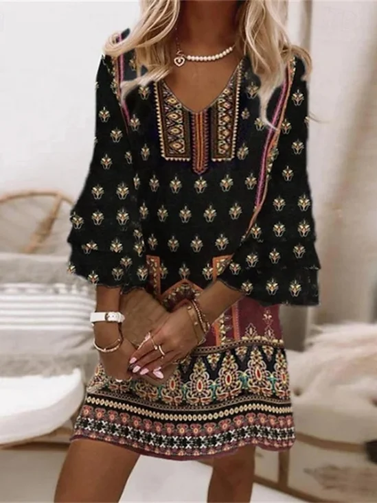Femmes Ethnique Comme Image Col V Confortable Robe Mi-Longue Boho