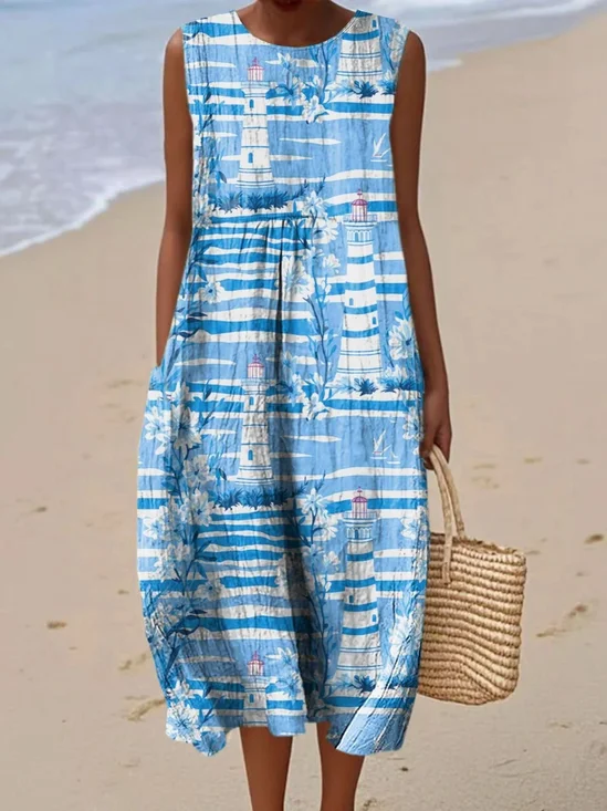 Femmes Mer bleue Col Rond Confortable Robe Maxi Décontracté
