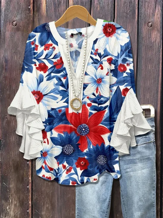 Chemises Femmes Décontracté Floral Été Polyester Col V Imprimé Demi Manche Droit Régulier