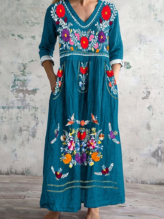 Femmes Floral Bleu Col Rond Confortable Robe Maxi Décontracté