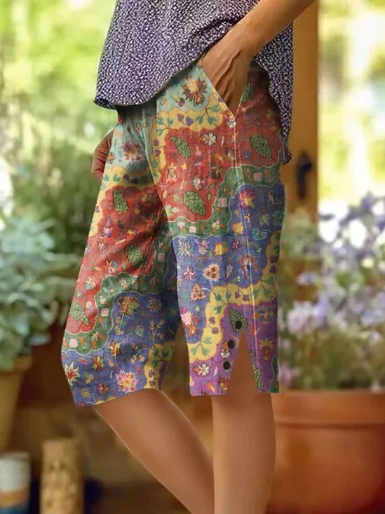 Pantalons Décontracté Ethnique Été Coton Micro-élasticité Coupe Régulière Plage Shorts Régulier Cinquième pantalon pour Femmes