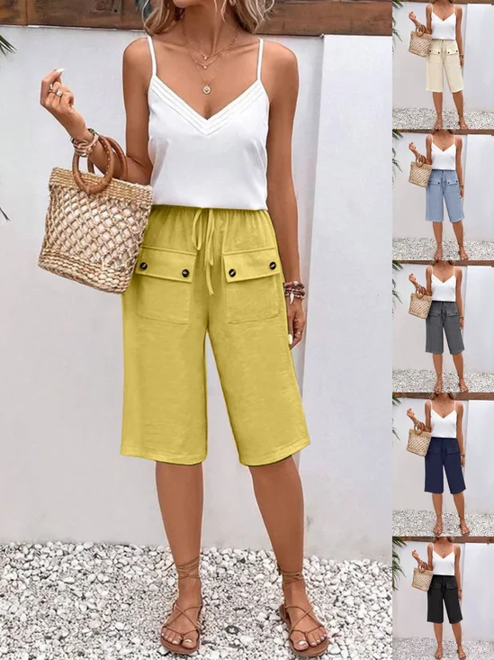 Pantalons Femmes Rue Plain Été en Lin Cordon de Serrage Micro-élasticité Journée Taille Élastique Droit