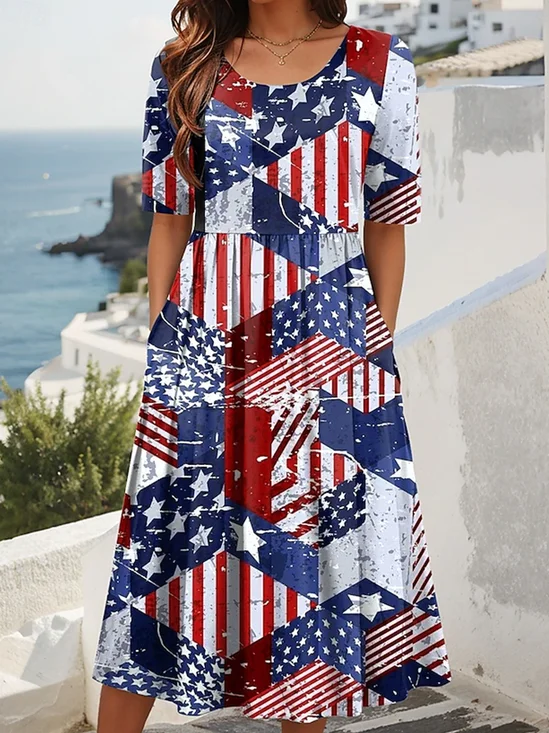 Femmes Drapeau des États-Unis Comme Image Col Rond Confortable Robe Maxi Décontracté