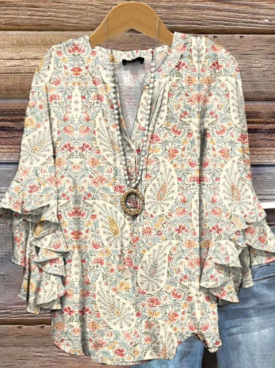Blouses Boho Motif Cachemire Été Col V Domestique Demi Manche Régulier Trapèze Régulier pour Femmes