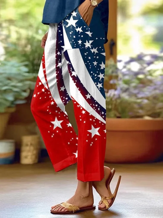 Pantalons Femmes Décontracté Printemps / Automne Le jour de l'indépendance (Drapeau) Naturel Micro-élasticité Coupe Régulière Long Trapèze Régulier