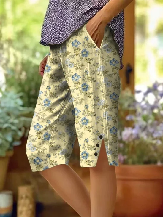 Pantalons Décontracté Floral Été Naturel Micro-élasticité Quotidien Trapèze Régulier Cinquième pantalon pour Femmes