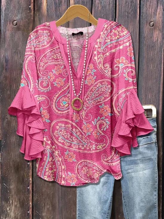 Blouses Fête Ethnique Géométrie Été Coton Col V Micro-élasticité Coupe Régulière Régulier Trapèze pour Femmes
