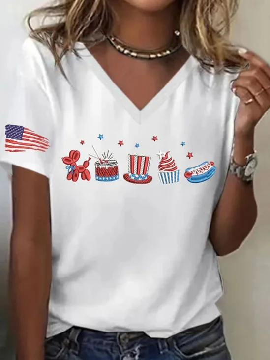T-shirts Femmes Décontracté Été Drapeau des États-Unis Polyester Col V Micro-élasticité Coupe Régulière Trapèze Régulier