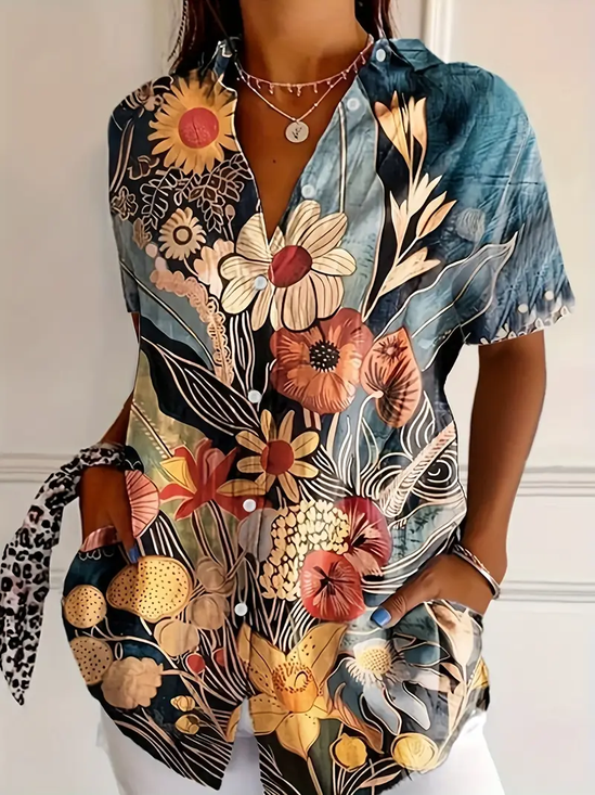 Chemises Décontracté Floral Été Polyester Imprimé Micro-élasticité Quotidien Manches Courtes Régulier pour Femmes