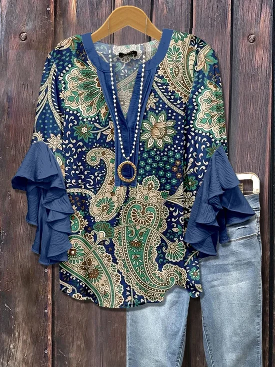 Blouses Vacances Motif Cachemire Été Coton Col V Coupe Régulière Demi Manche Régulier Trapèze pour Femmes