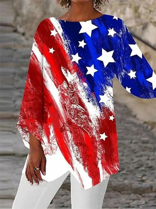 Blouses Femmes Décontracté Printemps / Automne Drapeau des États-Unis Coton Col V Aucune élasticité Manches Longues Droit Régulier