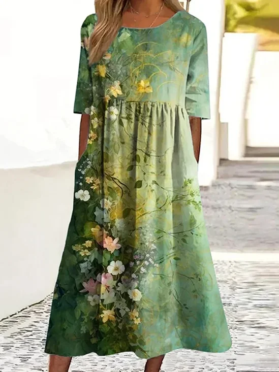 Femmes Floral Comme Image Col Rond Confortable Robe Maxi Décontracté