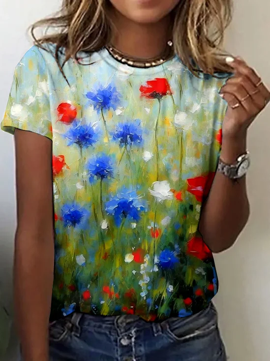 T-shirts Décontracté La peinture Été Coton Micro-élasticité Quotidien Coupe Régulière Col Rond Trapèze pour Femmes