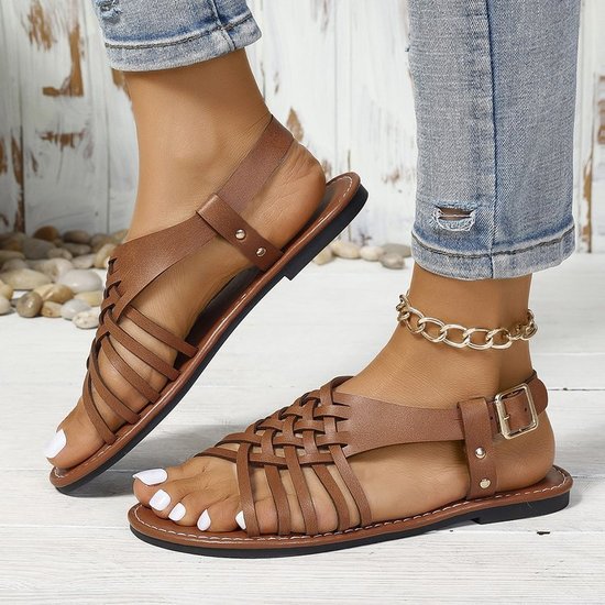 Sandales Rétro Plain Été Quotidien Cuir à Talon Plat Toit ouvert Sandales avec Sangle à La Cheville Caoutchouc pour Femmes