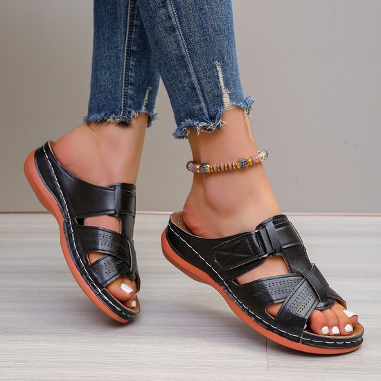 Sandales Femme Décontracté Plain Été Quotidien Cuir à Talon Plat Sandales Antidérapantes Caoutchouc à Enfiler