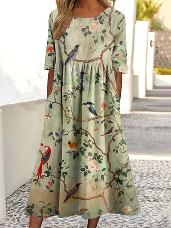 Femmes Floral Vert Clair Col Rond Confortable Robe Maxi Décontracté
