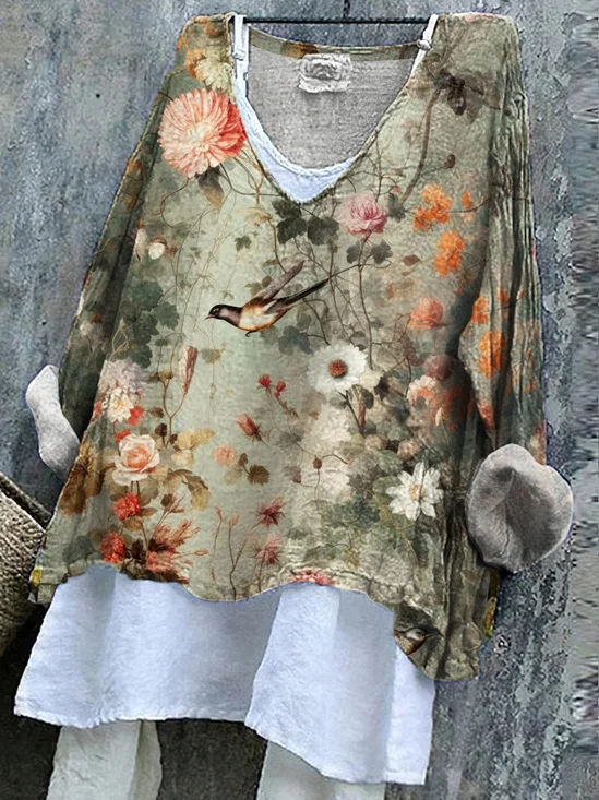 Chemises Décontracté Floral Printemps / Automne en Lin Col V Coupe Régulière Manches Longues Régulier Trapèze pour Femmes