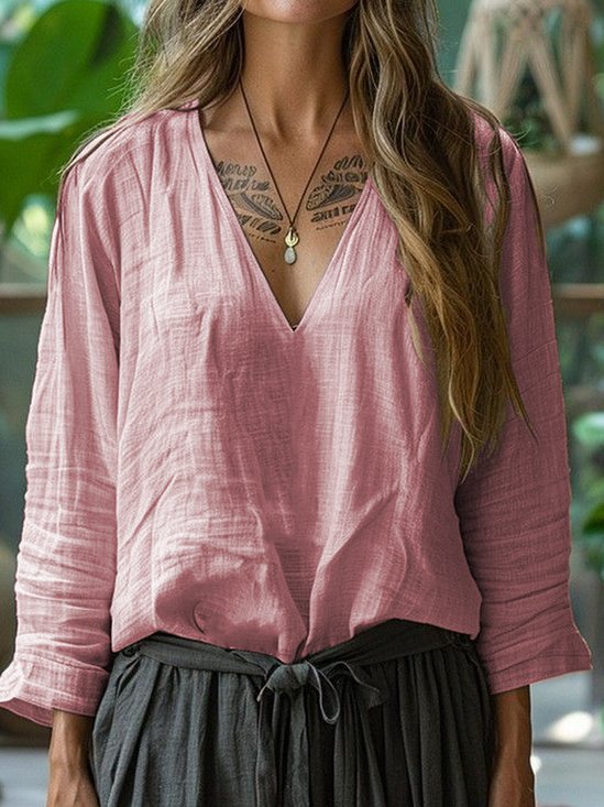 T-shirts Décontracté Plain Printemps / Automne en Lin Col V Coupe Régulière Manches Longues Trapèze Régulier pour Femmes