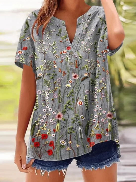 Chemises Femmes Simple Floral Été Col V Micro-élasticité Manches Courtes Régulier Droit Régulier
