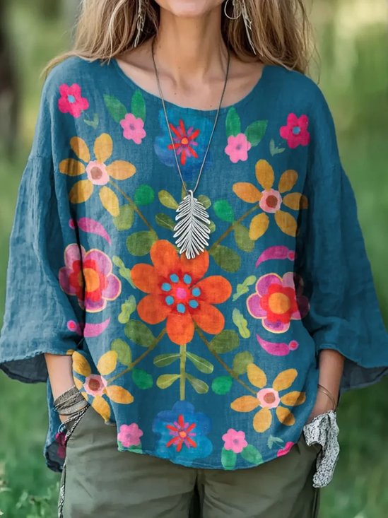 Chemises Rétro Floral Printemps / Automne en Lin Micro-élasticité Coupe Régulière Manches Longues Régulier Trapèze pour Femmes