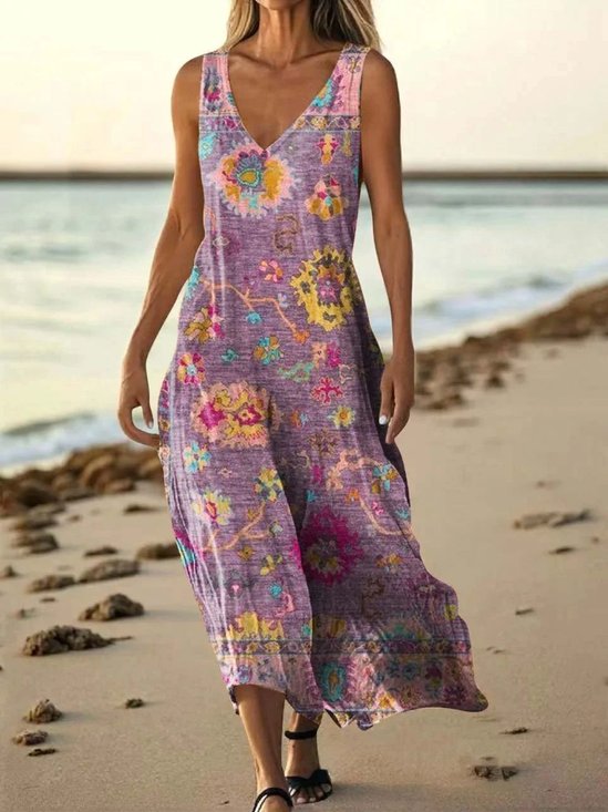 Femmes Floral Violet Col V Confortable Robe Maxi Décontracté
