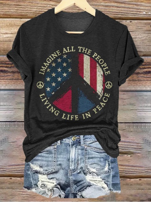 T-shirts Femmes Décontracté Été Drapeau des États-Unis Polyester Micro-élasticité Coupe Régulière Col Rond Régulier Régulier