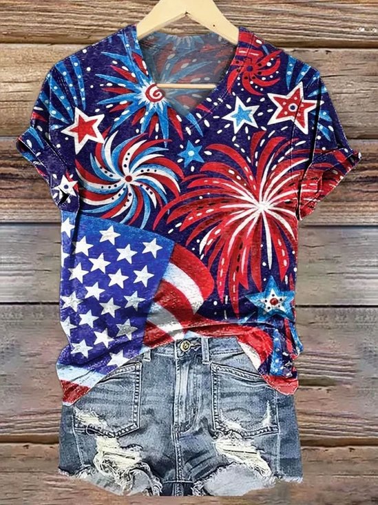 T-shirts Femmes Décontracté Été Drapeau des États-Unis Col V Micro-élasticité Quotidien Coupe Régulière Régulier Trapèze