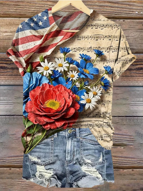T-shirts Décontracté Drapeau des États-Unis Été Micro-élasticité Quotidien Coupe Régulière Col Rond Régulier Régulier pour Femmes