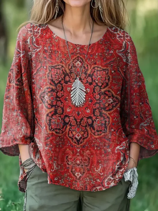 Chemises Décontracté Ethnique Printemps / Automne Coton Micro-élasticité Coupe Régulière Manches Longues Régulier Trapèze pour Femmes
