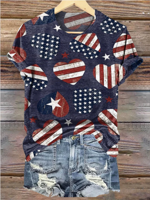 T-shirts Femmes Décontracté Été Drapeau des États-Unis Polyester Micro-élasticité Coupe Régulière Col Rond Trapèze Régulier
