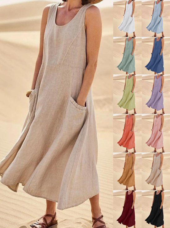 Femmes Plain Blanc Col Rond Confortable Joint Fendu Robe Maxi Décontracté