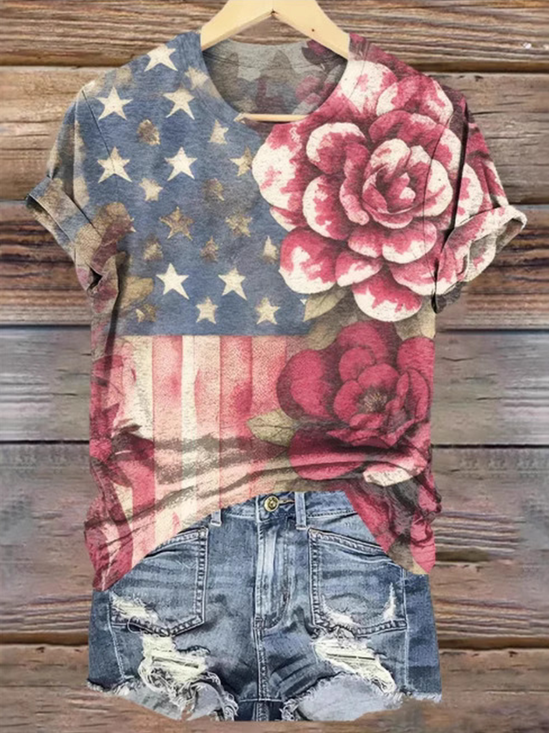 T-shirts Décontracté Floral Été Coton Micro-élasticité Manches Courtes Col Rond Régulier Régulier pour Femmes